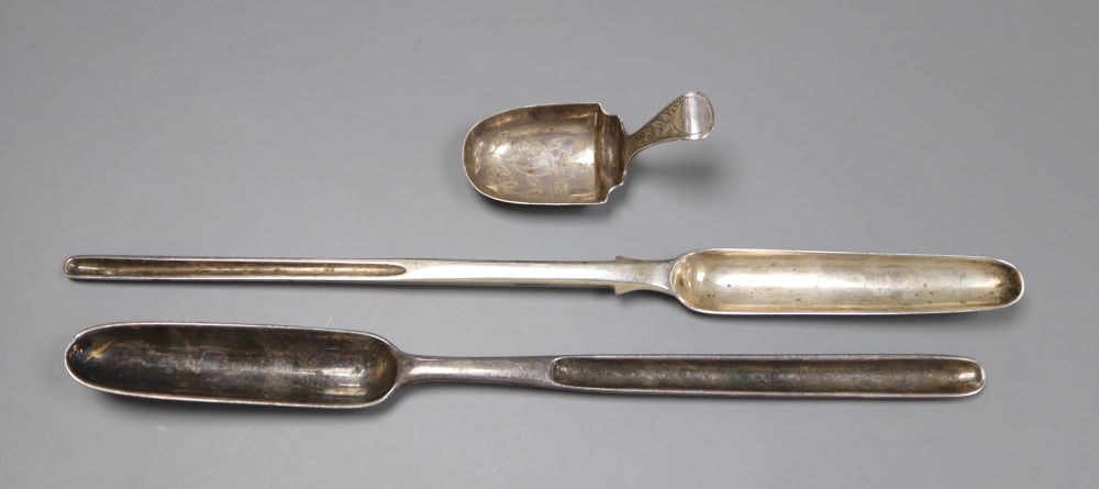 A George III silver marrow scoop, William Bateman I, London 1818, a George IV scoop, London 1824 and a George III silver caddy spoon